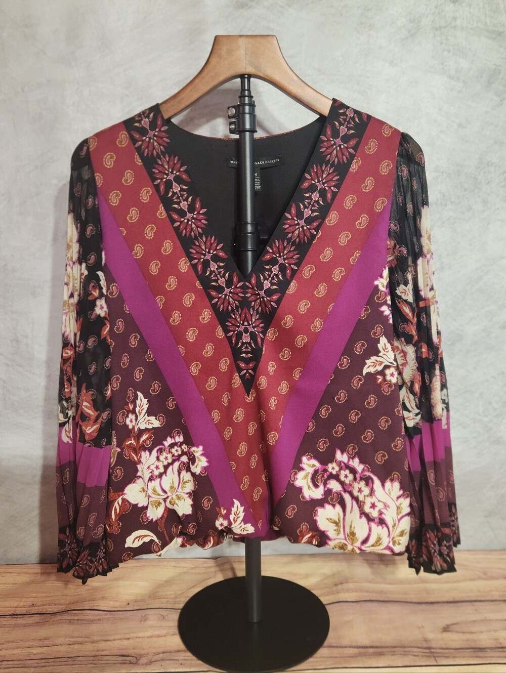 White House Black Market Burgundy, Plum & Black Floral V-Neck Blouse